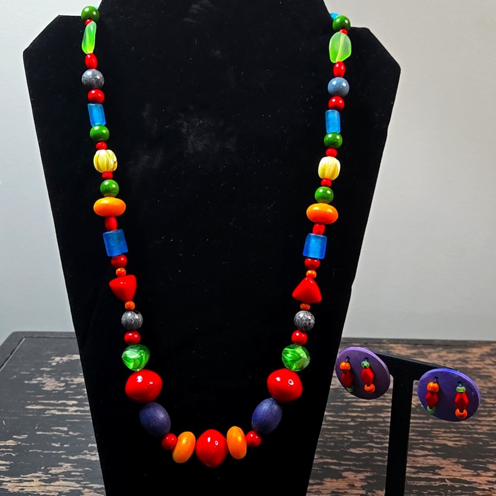 Tereasa Goodall Colorful Glass Wood Acrylic‎ Beaded Boho Necklace & Earring Set
